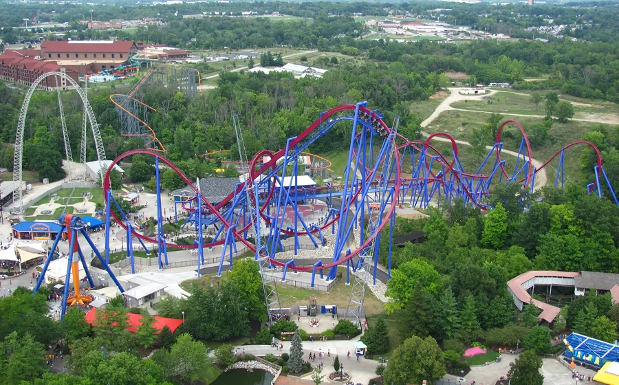 An aerial view of the Banshee roller coaster at Kings Island