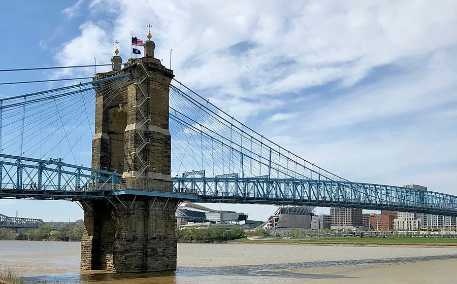 The Roebling Suspension Bridge crossing the Ohio River