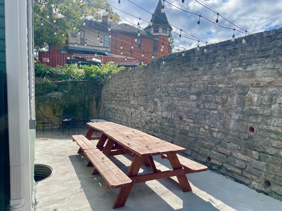 Two large picnic tables make a great space for the entire group to gather
